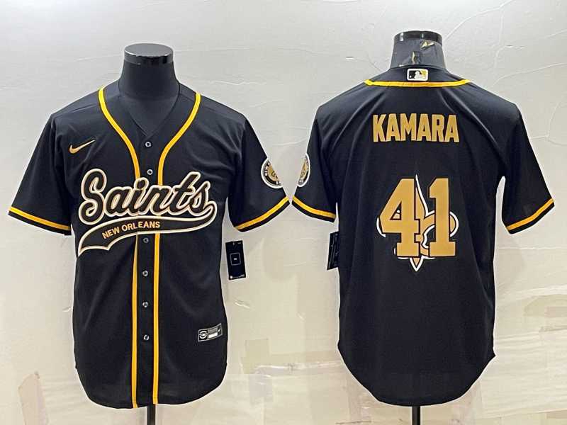 Mens New Orleans Saints #41 Alvin Kamara Black Team Big Logo With Patch Cool Base Stitched Baseball Jersey